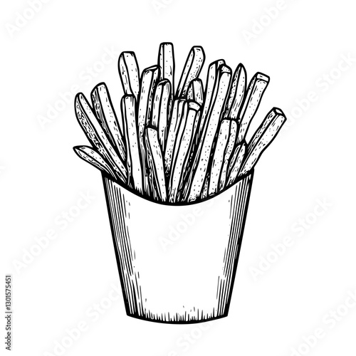 Detailed engraving of french fries in a paper container, showcasing a delicious and classic snack, perfect for any casual meal or gathering