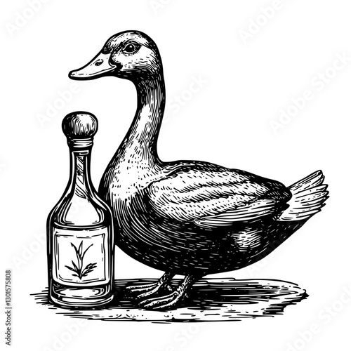 Engraved illustration of a duck standing next to a bottle, showcasing intricate details and timeless artistry in a domestic setting