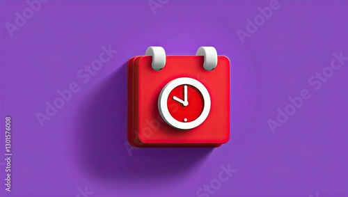 On a purple background, there is a 3D red calendar with a clock icon. Notification of reminders or time management ideas. Ui design icon for websites. Simple red calendar time zone indicator in 3D car