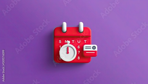 On a purple background, there is a 3D red calendar with a clock icon. Notification of reminders or time management ideas. Ui design icon for websites. Simple red calendar time zone indicator in 3D car