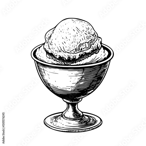 Delightful engraved illustration of a vintage ice cream sundae served in a decorative cup
