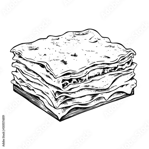 Influential lasagna illustration featuring layered pasta, meat, and rich sauce in a classic engraving style