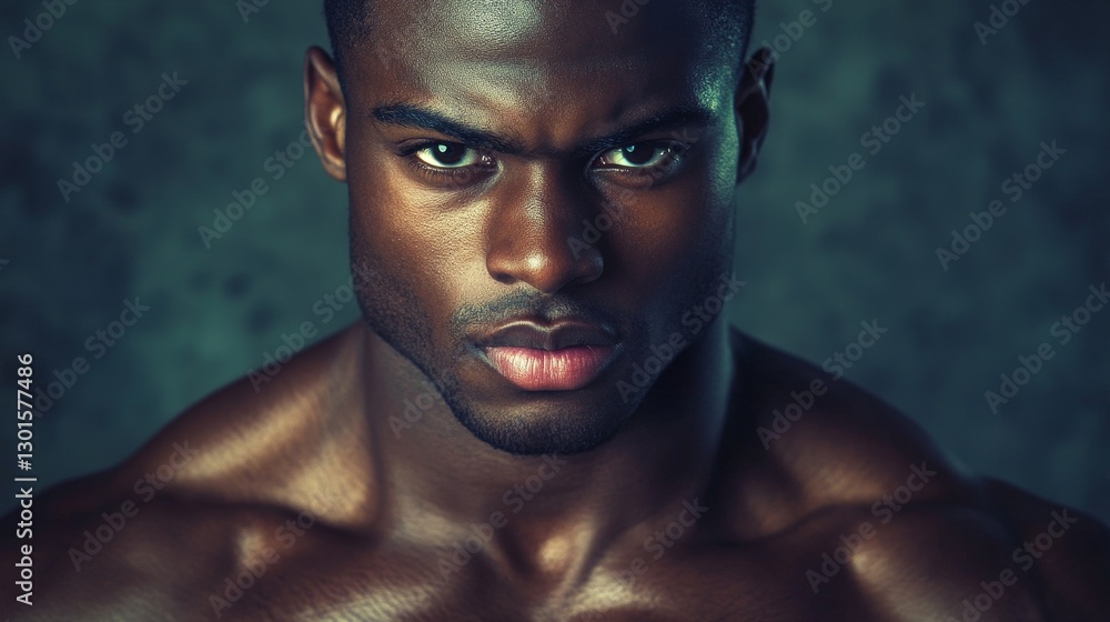 Intense Gaze of a Strong Man - Close-up portrait of a muscular black man with an intense expression, set against a dark teal background Intense Gaze of a Strong Man - Close-up portrait of a muscular black man with an intense expression, set against a dark teal background