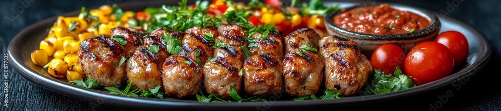 Delicious Grilled Meat and Fresh Salads with Dips. Generative AI Delicious Grilled Meat and Fresh Salads with Dips. Generative AI