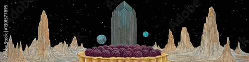 Futuristic Monolith in Alien Desert Landscape with Berry Tart and Distant Planets under Starry Sky - Unique Sci-Fi Desert Canyon Surreal Art