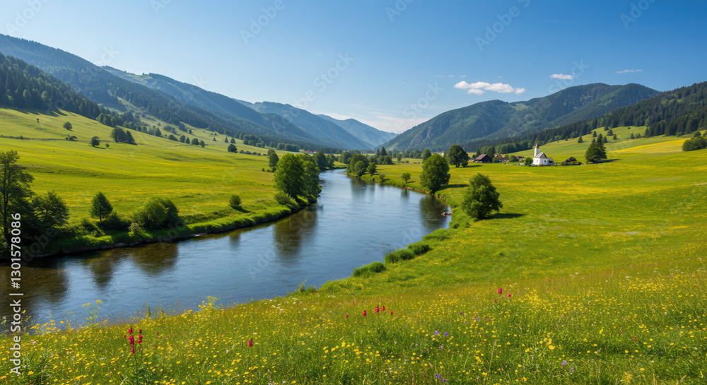 Fototapeta premium Scenic River Landscape with Mountains, Meadow, and Forest Under Sunny Blue Sky