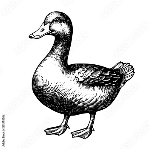 Engraved illustration of a standing duck in detailed vector design for nature enthusiasts and art projects