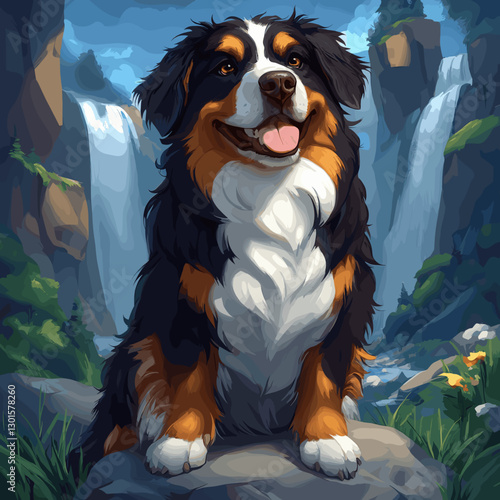 Charming Bernese Mountain Dog Poses Amidst Stunning Waterfalls in Picturesque Mountain Landscape with Vibrant Greenery and Clear Blue Sky