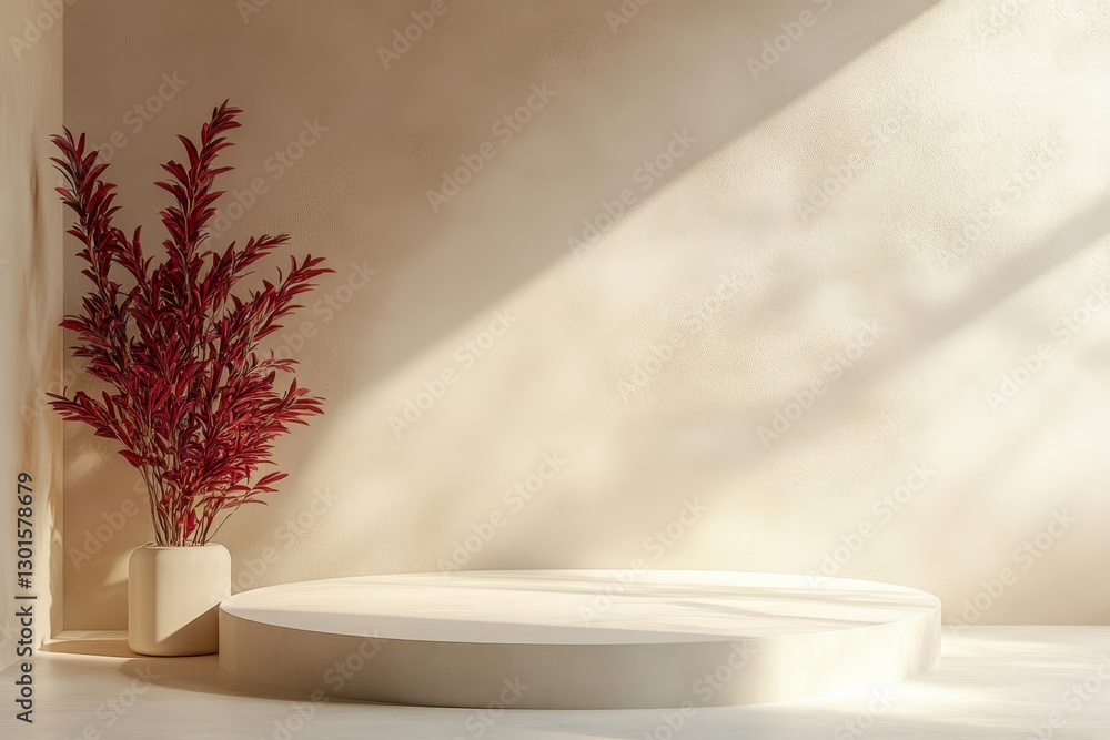 Minimalist Beige Studio Product Display - Elegant beige studio background with circular podium and red plant, ideal for product or showcasing items. Soft sunlight adds warmth Minimalist Beige Studio Product Display - Elegant beige studio background with circular podium and red plant, ideal for product or showcasing items. Soft sunlight adds warmth