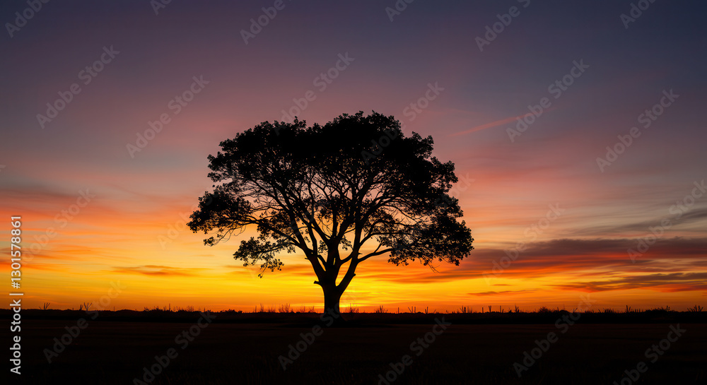 Silhouette of Tree at Sunset Over Tranquil Horizon with Vibrant Colors in Scenic Landscape Silhouette of Tree at Sunset Over Tranquil Horizon with Vibrant Colors in Scenic Landscape