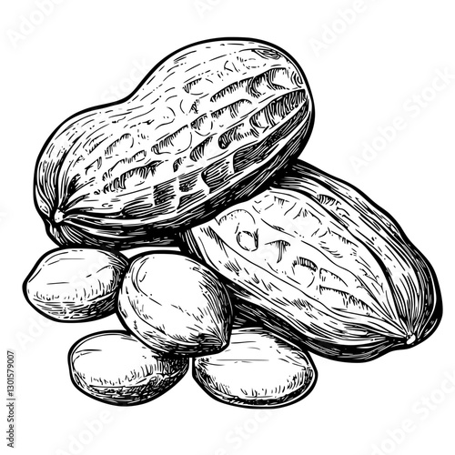 Detailed engraved illustration of peanuts displayed in a natural arrangement on a plain background for educational purposes
