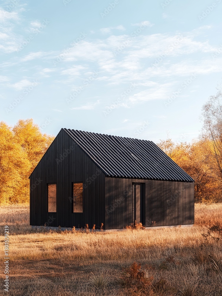 Obraz premium Modern Black Cabin in Autumn Field - Stylish black cabin nestled in a field of golden autumn grass under a clear sky. Simple, modern design
