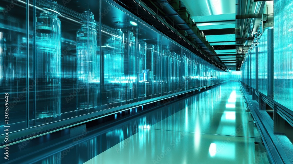 Obraz premium Futuristic Technology Storage Facility with Neon Blue Lighting