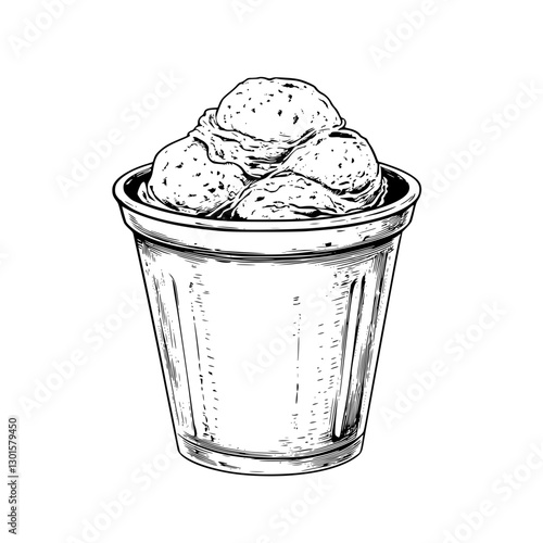 Engraved illustration of a cup filled with three scoops of ice cream in a rustic style, perfect for summer desserts