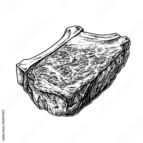 Detailed engraved illustration of a juicy steak cut on white background showcasing texture and freshness perfect for culinary design