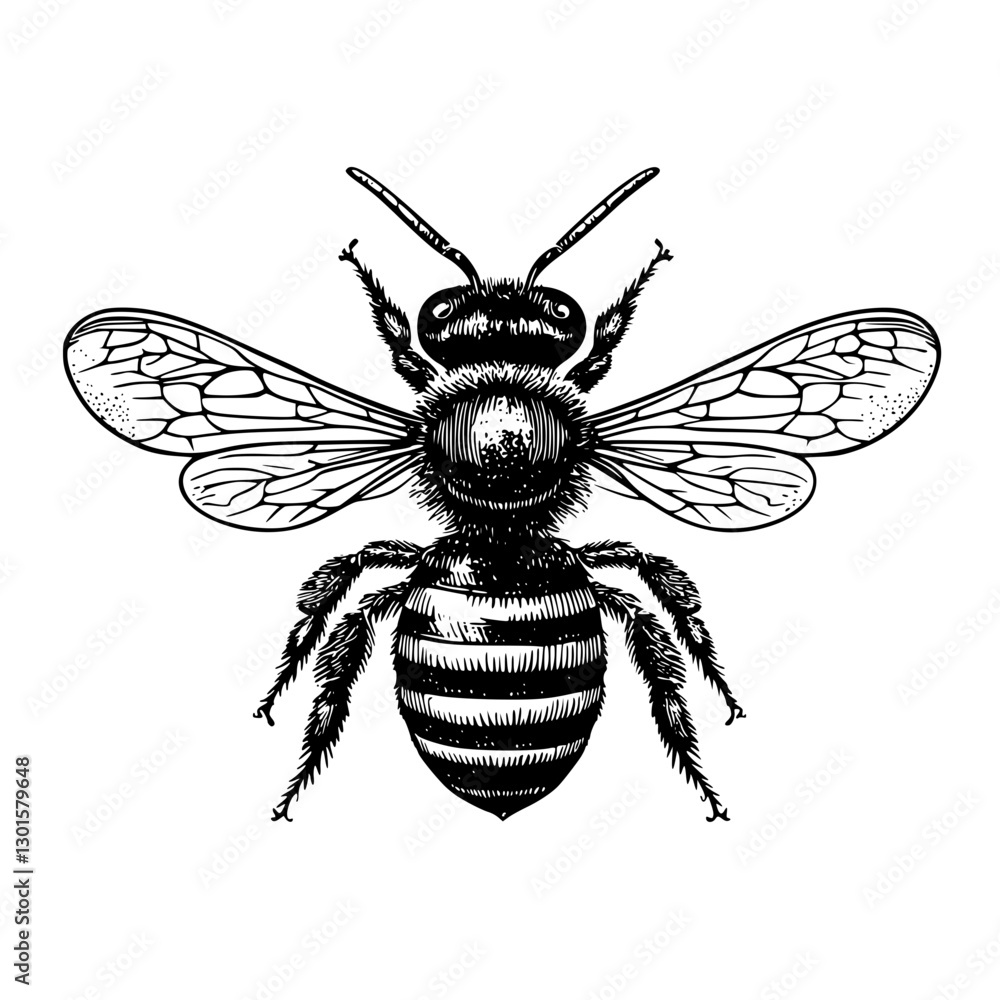 Obraz premium Engraved illustration showcasing a detailed bee design with intricate features and wings
