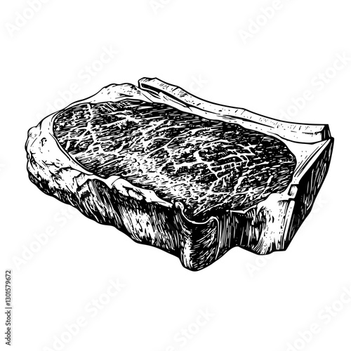 Detailed engraved illustration of a raw steak on a cutting board, showcasing texture and marbling