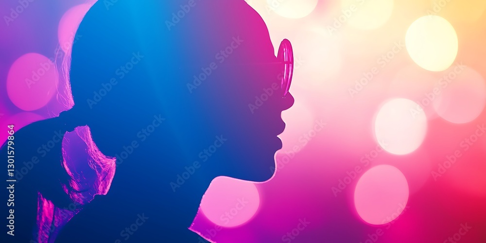 Colorful Silhouette of Woman with Sunglasses Against Bokeh Lights Colorful Silhouette of Woman with Sunglasses Against Bokeh Lights