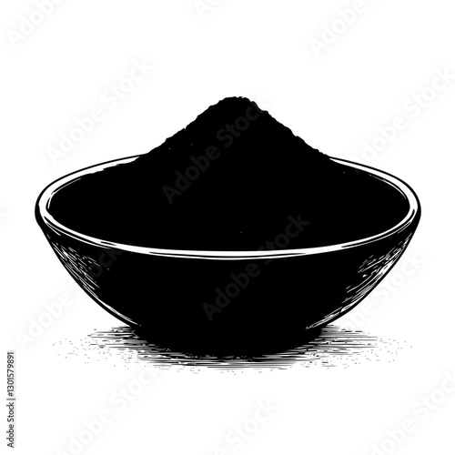 Engraved illustration of a bowl filled with fine black powder, showcasing its texture and shape