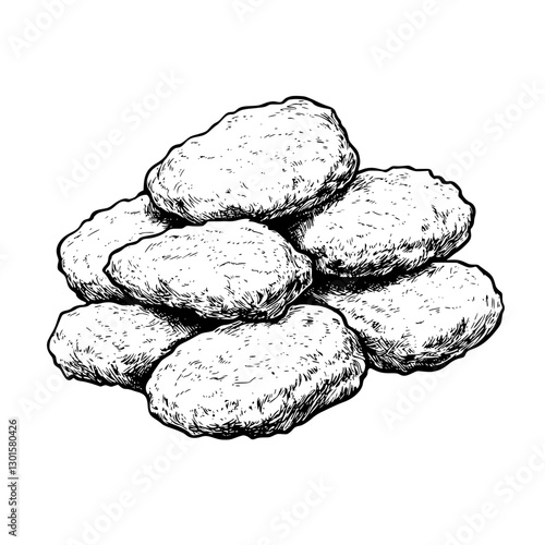 Engraved illustration of a stack of crispy chicken nuggets on a plate with a textured finish