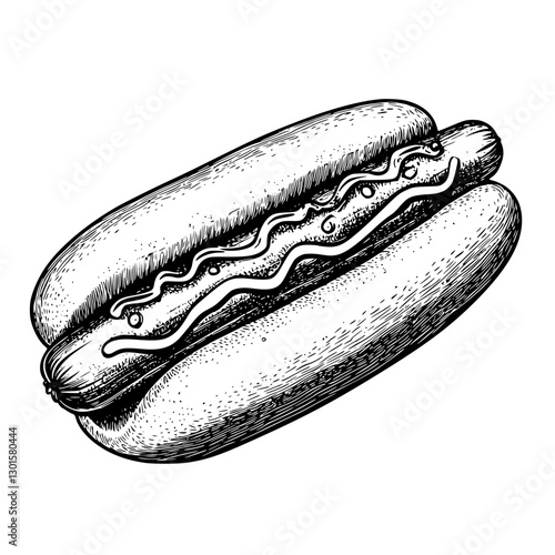 Engraved illustration of a hot dog with toppings on a bun, showcasing a classic fast food favorite