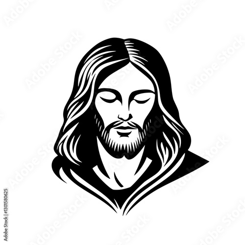 Engraved illustration of a serene figure with long hair and a beard, reflecting calmness and wisdom in a vector design