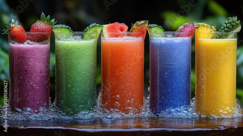 Fototapeta Naklejka Na Ścianę i Meble -  Colorful fruit smoothies in glasses on a wooden surface, lush jungle backdrop