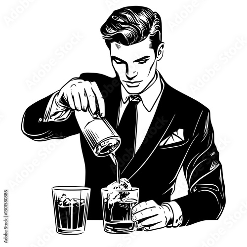 Elegant gentleman pouring a classic cocktail in a stylish setting at a social gathering