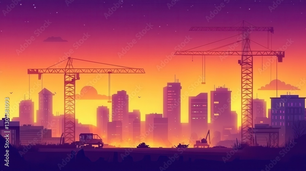 Fototapeta premium Colorful Sunset Over City Skyline with Cranes and Buildings