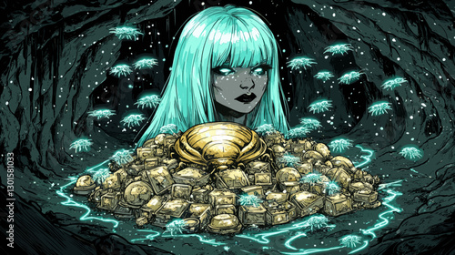 Enchanting teal-haired character and glowing jellyfish in mystical cave with treasure, fantasy art, ethereal, intriguing, mysterious atmosphere, vibrant illustration