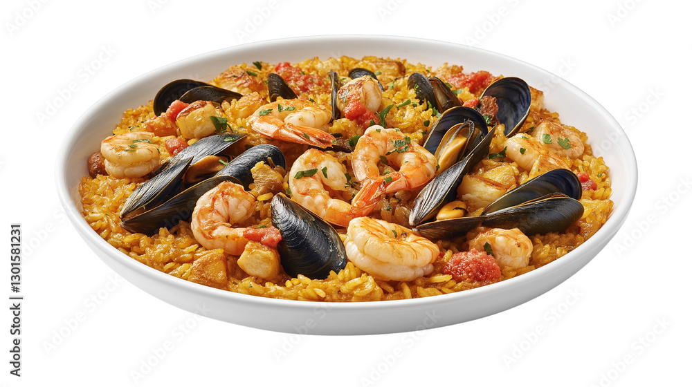 Traditional seafood paella with shrimp, mussels, and saffron rice, Spanish summer dish, isolated on white background, PNG format Traditional seafood paella with shrimp, mussels, and saffron rice, Spanish summer dish, isolated on white background, PNG format