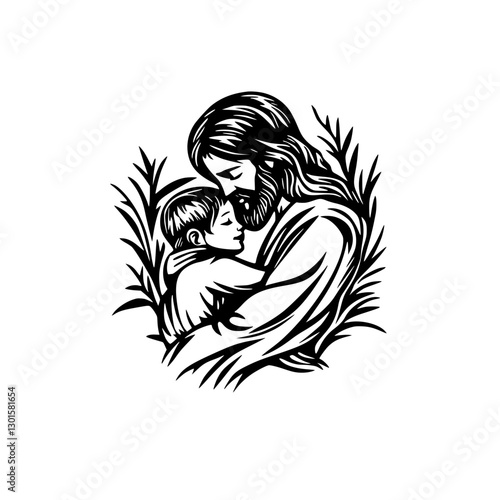 Engraved illustration of a loving embrace between a historical figure and a child in a serene natural setting