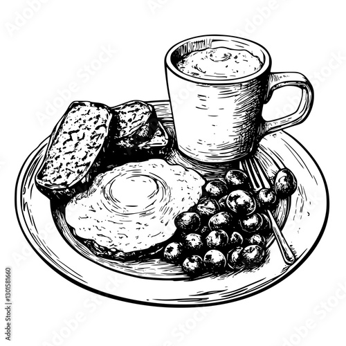 Breakfast plate with eggs, toast, grapes, and coffee in a vintage engraving style