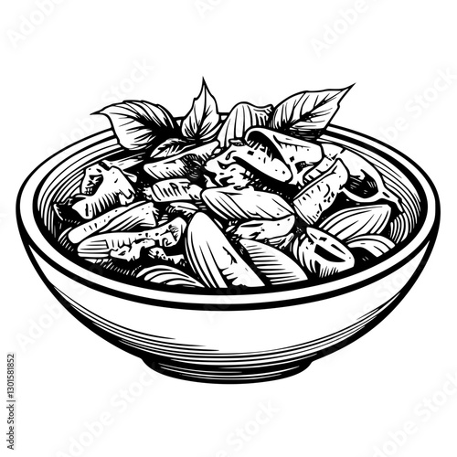 Engraved illustration of a bowl filled with fresh pasta topped with herbs and vegetables, showcasing a delightful meal preparation