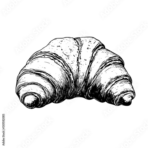 Engraved illustration of a freshly baked croissant showcasing its flaky texture and detail in black and white