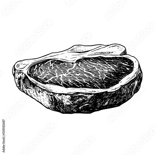 Detailed engraved illustration of a raw ribeye steak showcasing its marbling and texture