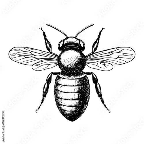 Detailed engraved illustration of a bee showcasing its anatomical features and intricate wing structure in a monochrome design