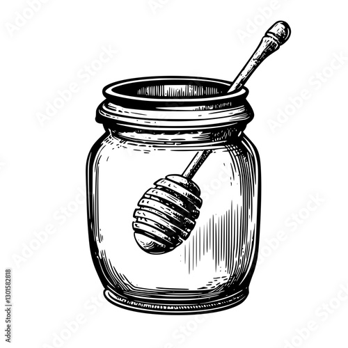 Engraved illustration of a jar of honey with a dipper in a vintage style depicting natural sweeteners and culinary arts
