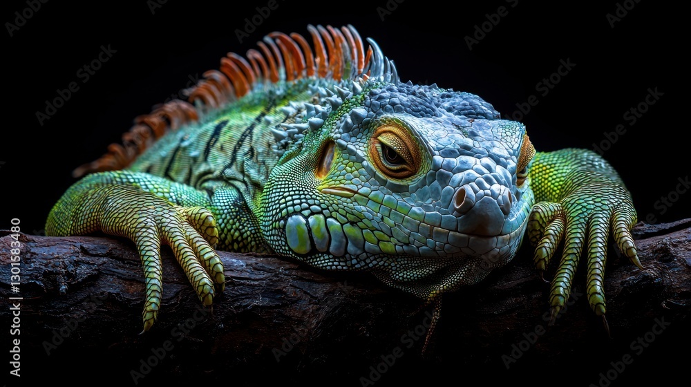 Obraz premium Colorful iguana resting on branch against black backdrop