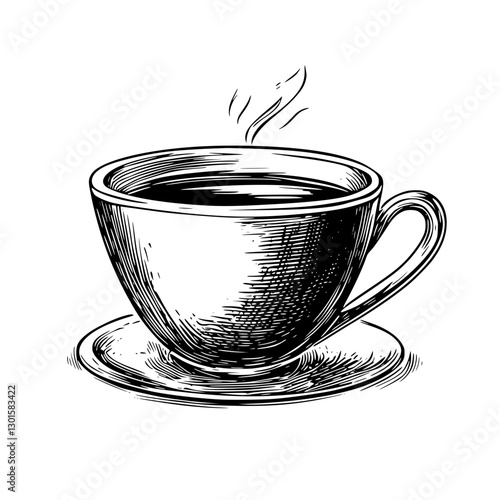 Engraved vector illustration of a steaming coffee cup on a saucer with intricate detailing for design and artistic use