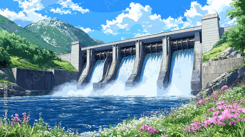 Scenic hydroelectric dam amidst lush nature, vibrant flowers, and flowing water, under clear blue sky and majestic mountains, capturing serene landscape beauty