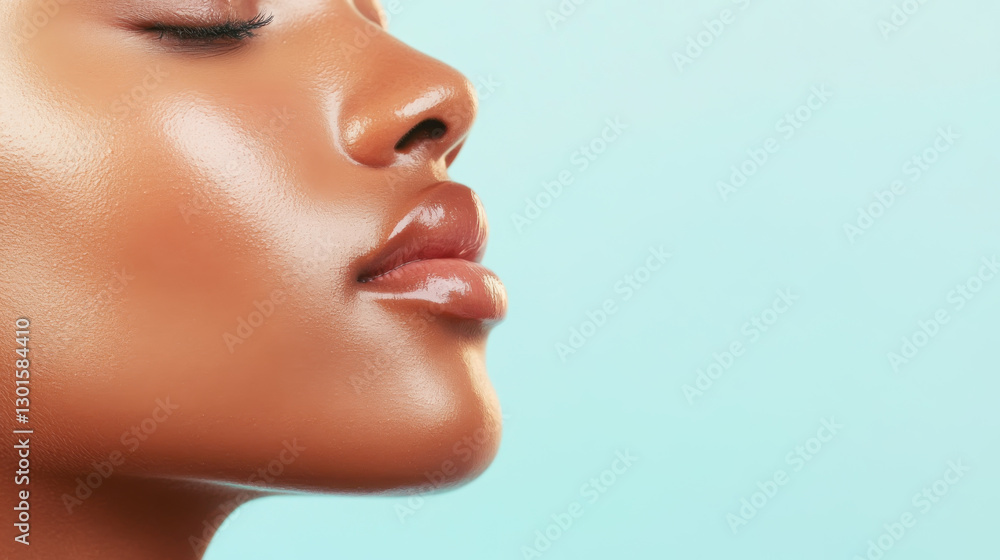 Close up of a model's radiant skin highlighting moisturizing routine for beauty and skincare Close up of a model's radiant skin highlighting moisturizing routine for beauty and skincare