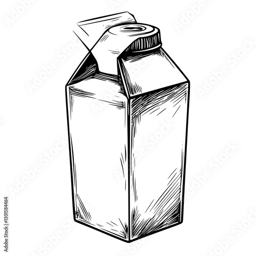 Carton of milk illustrated in engraved style showcasing a classic design and structure commonly found in grocery stores