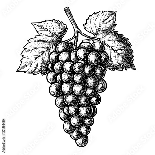 Grapes hanging from vine with detailed leaves in engraved style showcasing fresh fruit cultivated in vineyards