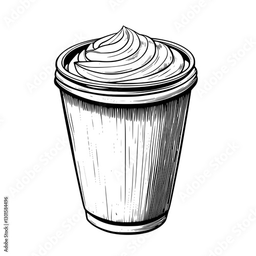 Engraved illustration of a coffee cup with whipped cream topping in a sleek vector style