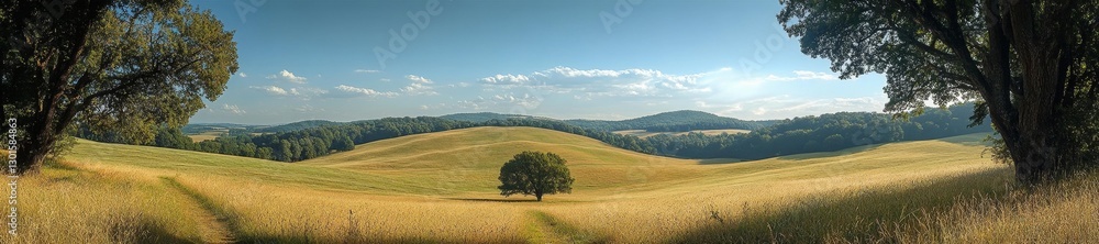Wide-open rolling hills with a large tree under the bright blue sky. Generative AI Wide-open rolling hills with a large tree under the bright blue sky. Generative AI