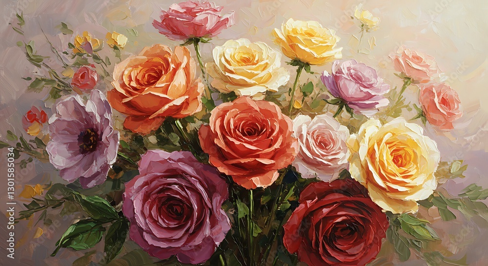 Fototapeta premium Colorful Rose Bouquet Painting Romantic Floral Arrangement Art Print