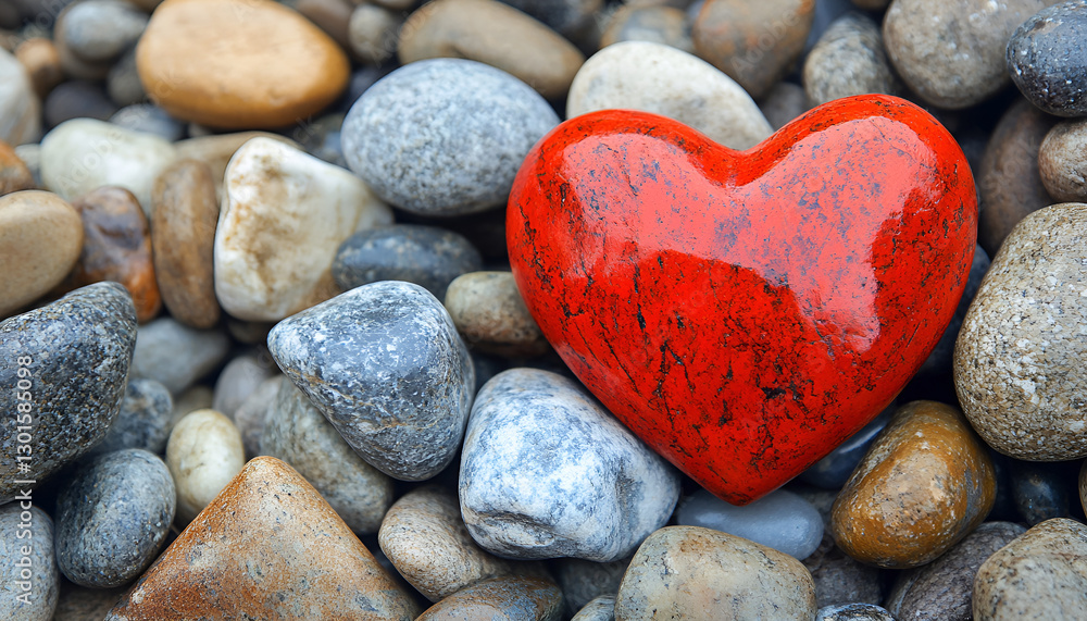 Red decorative heart on stones, top view Red decorative heart on stones, top view