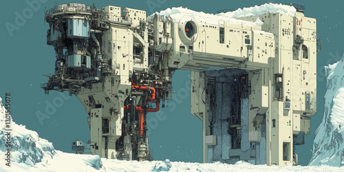 Futuristic Industrial Facility in Snowy Landscape with Unique Architectural Design and Technology | Science Fiction Winter Scenery Art Illustration