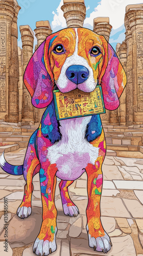 Colorful Artistic Beagle Dog Holding Hieroglyphic Tablet in Ancient Egyptian Ruins Digital Art Illustration Vibrant Mosaic Columns Archaeological Fantasy